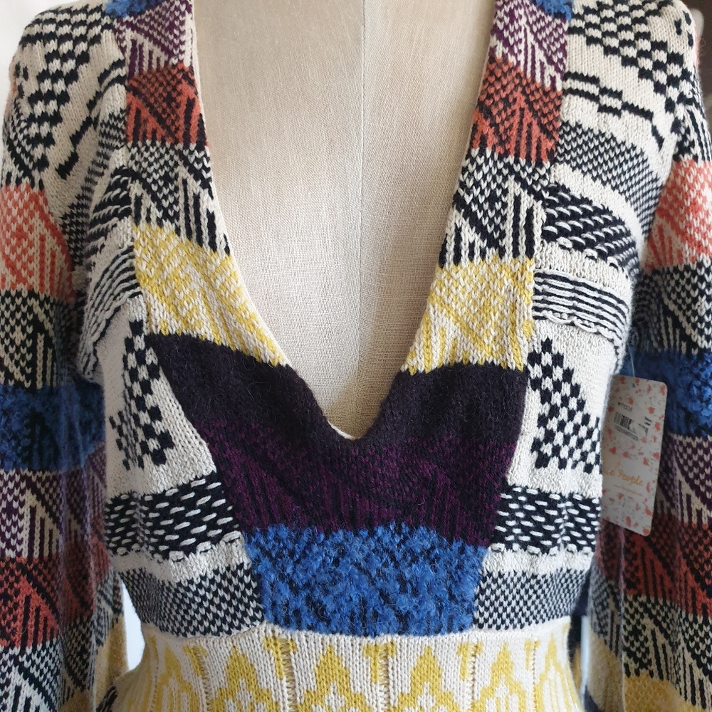 Free People Patchwork Sweater Dress in Cream Multi Combo Sz XS - Picture 5 of 14